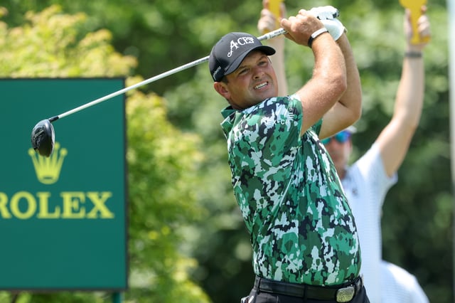 Jun 12, 2025; Oakmont, Pennsylvania, USA; Patrick Reed plays his shot from the first tee during the first round of the U.S. Open golf tournament. Mandatory Credit: Charles LeClaire-Imagn Images