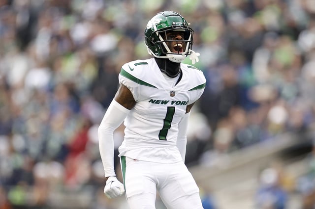 Sauce Gardner #1 of the New York Jets reacts during the second quarter against the Seattle Seahawks at Lumen Field on January 01, 2023 in Seattle, Washington.