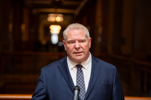 Ontario Premier Doug Ford speaks to media at Queen’s Park in Toronto, on Thursday, April 3, 2025. 