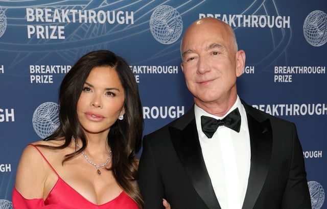Lauren Sánchez and Jeff Bezos attend the 11th Breakthrough Prize Ceremony at Barker Hangar on April 5, 2025 in Santa Monica, California. (Photo by Monica Schipper/Getty Images)