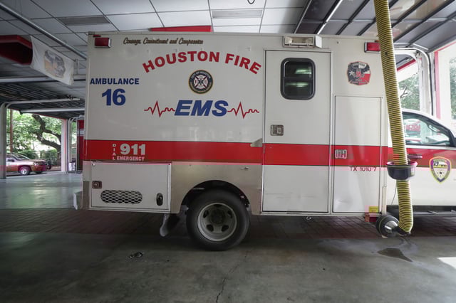 An ambulance in the Houston Fire Department Station 16 Friday, July 3, 2020, in Houston. An HFD ambulance was stolen from outside Ben Taub Hospital Wednesday night. The ambulance was recovered after about a 30-minute pursuit. 