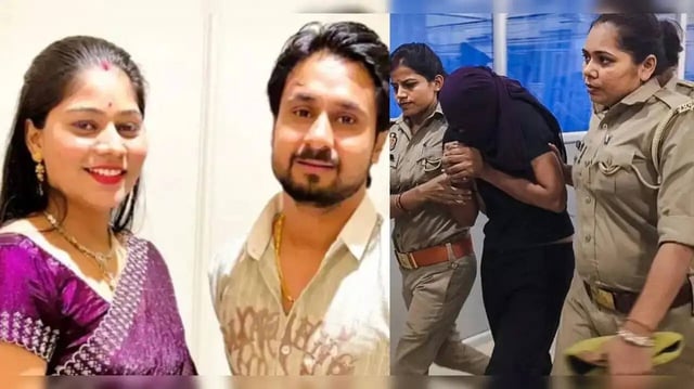 Sonam Raghuvanshi with husband Raja Raghuvanshi (L), and her alleged lover Raj Kushwaha (R)