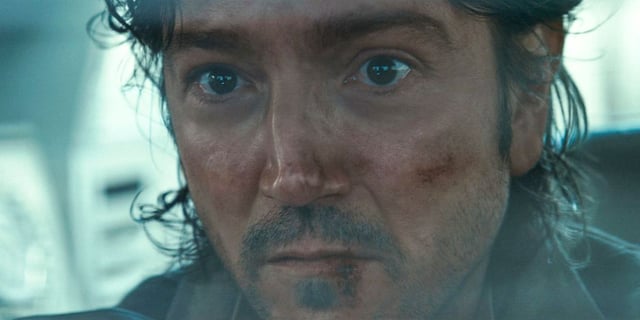 A close up of Cassian Andor (Diego Luna) looking hurt and upset in Andor