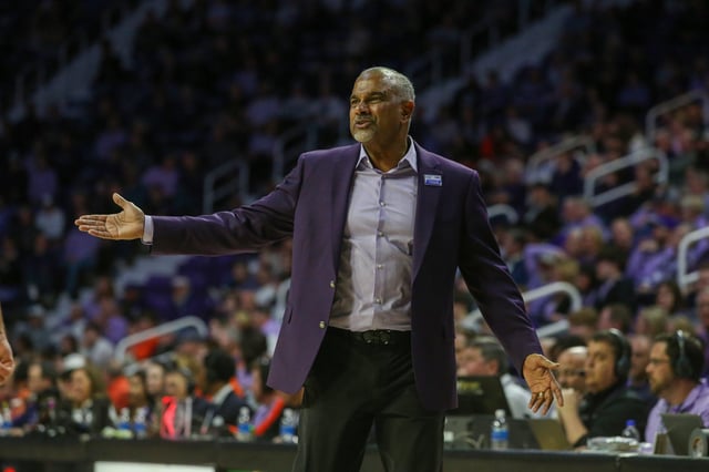 Jan 29, 2025; Manhattan, Kansas, USA; Kansas State Wildcats head coach Jerome Tang questions a call by the officials during the first half against the Oklahoma State Cowboys at Bramlage Coliseum. Mandatory Credit: Scott Sewell-Imagn Images