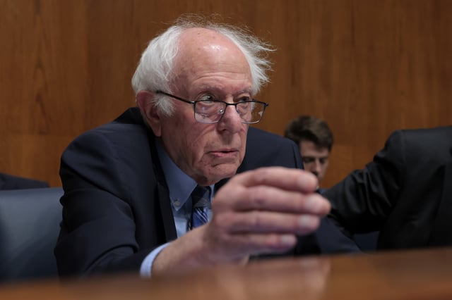 vSenator Bernie Sanders, a Vermont independent, questions U.S. Secretary of Health and Human Services Robert F. Kennedy Jr. during a committee hearing on May 14, 2025 in Washington, D.C.