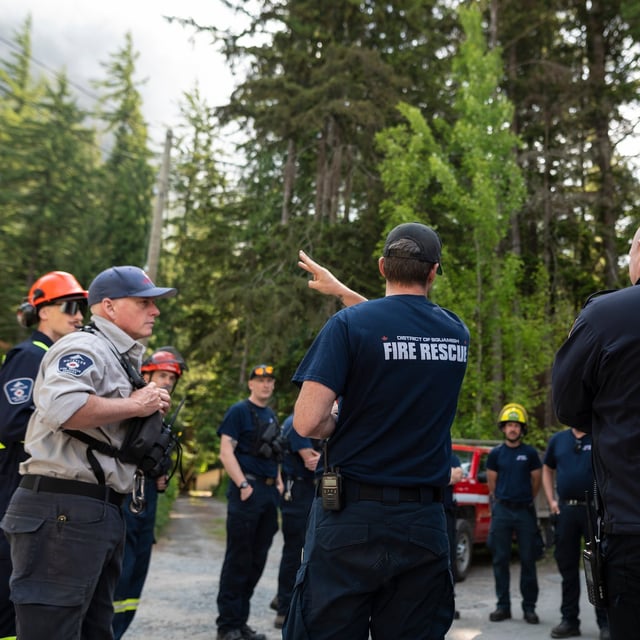 Members of Squamish Fire Rescue prepare to battle the Dryden Creek wildfire, north of Squamish, B.C., on Wednesday, June 11, 2025. THE CANADIAN PRESS/Tijana Martin