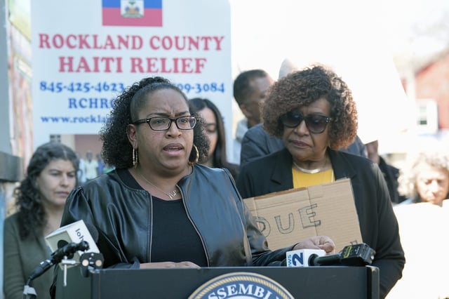 Nicole Hines, president of the Nyack NAACP, calls on the federal government stop unlawful deportation orders issued to Rockland CHNV parole recipients during a press conference at Konbit Neg Lakay in Spring Valley on Friday, April 18, 2025.