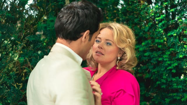 Alex Hassell as Rupert Campbell-Black and Emily Atack as Sarah Stratton