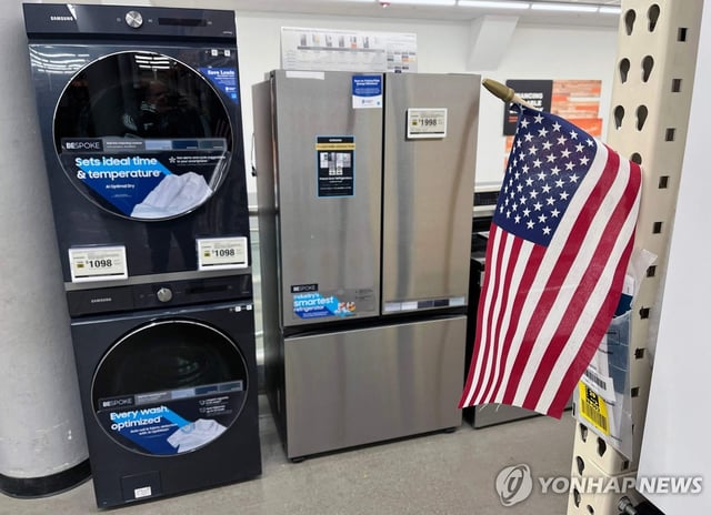 This photo, released by AFP, shows home appliances, including washing machines, clothes dryers and refrigerators, for sale at a home improvement store in Falls Church, Virginia, on Feb. 3, 2025. (Yonhap)