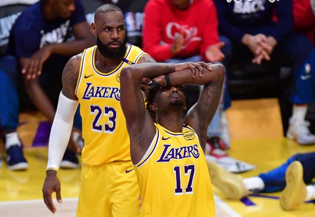 Apr 30, 2025; Los Angeles, California, USA; Los Angeles Lakers forward Dorian Finney-Smith (17) reacts after being called for a foul during the second half in game five of first round for the 2025 NBA Playoffs at Crypto.com Arena. Mandatory Credit: Gary A. Vasquez-Imagn Images/File Photo
