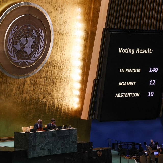 The results of the UN vote on a draft resolution demanding a ceasefire in Gaza are displayed on screens during an emergency session at the UN headquarters in New York on Thursday.