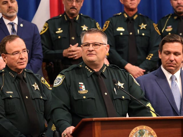 Brevard County Sheriff Wayne Ivey speaks during a press conference with Gov. Ron DeSantis at the Polk County Sheriff&#39;s Office, on Monday, April 19, 2021. The governor signed into law a new riot bill, surrounded by law enforcement, legislators, and police union representatives.
(Ricardo Ramirez Buxeda/ Orlando Sentinel)