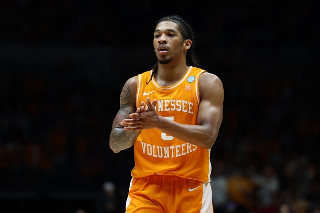 Mar 30, 2025; Indianapolis, IN, USA;Tennessee Volunteers guard Zakai Zeigler (5) reacts against the Houston Cougars in the second half during the Midwest Regional final of the 2025 NCAA tournament at Lucas Oil Stadium. Mandatory Credit: Trevor Ruszkowski-Imagn Images/File Photo