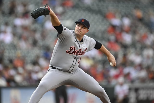 Detroit Tigers pitcher Tarik Skubal throws during the second inning of a baseball game against the Baltimore Orioles in Baltimore, Thursday, June 12, 2025. (AP Photo/Terrance Williams)