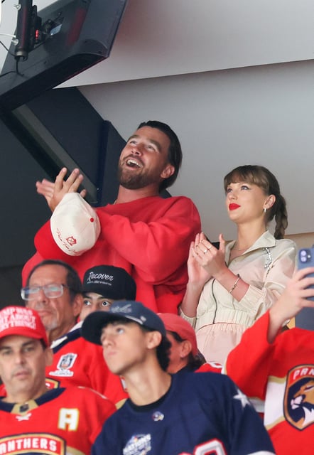 Travis Kelce and Taylor Swift at the Edmonton Oilers and the Florida Panthers Game Four of the 2025 Stanley Cup Final at Amerant Bank Arena on June 12, 2025 in Sunrise, Florida.