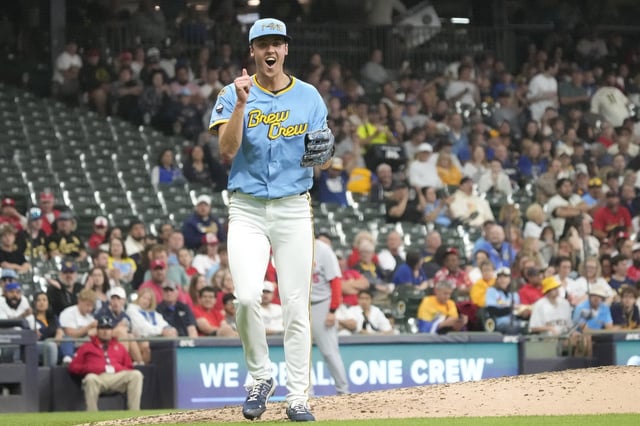 Milwaukee Brewers pitcher Jacob Misiorowski reacts after striking out St. Louis Cardinals' Pedro Pagés during his major league debut to end the fifth inning of a baseball game Thursday, June 12, 2025, in Milwaukee. (AP Photo/Kayla Wolf)