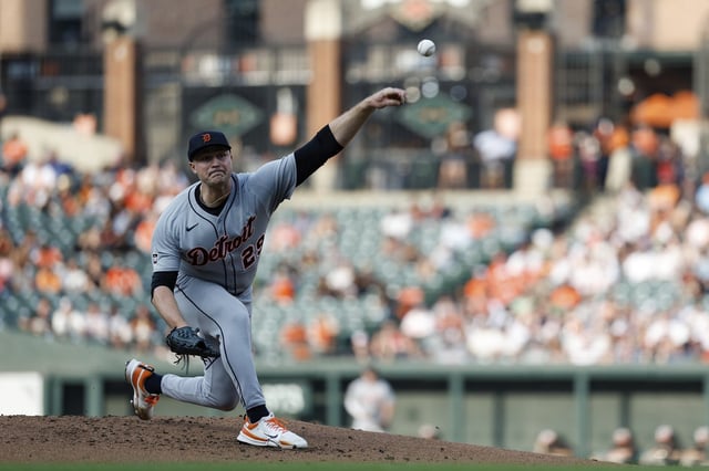 Detroit Tigers pitcher Tarik Skubal throws during the first inning of a baseball game against the Baltimore Orioles in Baltimore, Thursday, June 12, 2025. (AP Photo/Terrance Williams)