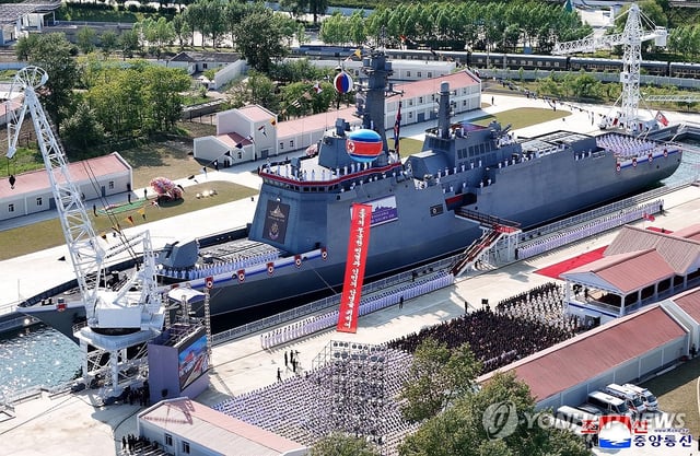 The launching ceremony of the 5,000-ton destroyer Kang Kon is under way at a shipyard in the northeastern city of Rajin on June 12, 2025, overseen by leader Kim Jong-un, 23 days after its first launch attempt, in this photo released by the North's official Korean Central News Agency the next day. (For Use Only in the Republic of Korea. No Redistribution) (Yonhap)