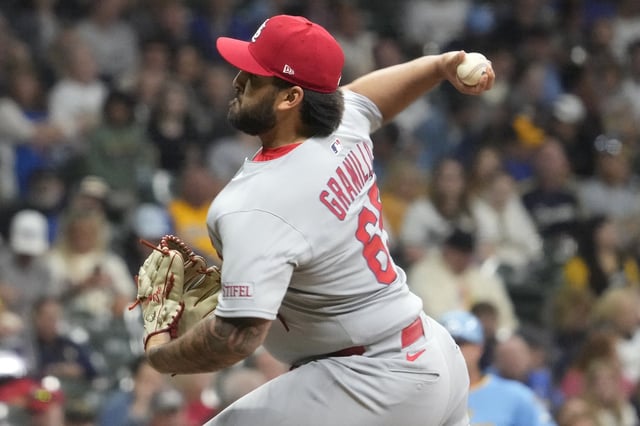 St. Louis Cardinals pitcher Andre Granillo throws during his major league debut during the seventh inning of a baseball game against the Milwaukee Brewers, Thursday, June 12, 2025, in Milwaukee. (AP Photo/Kayla Wolf)