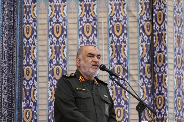 Commander-in-chief of the Islamic Revolutionary Guard Corps, Hossein Salami, speaks during a ceremony in southern Tehran, Iran on May 15, 2025.