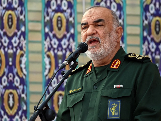 Head of Iranian revolutionary guard corps (IRGC) Hossein Salami speaks during a ceremony marking the first anniverary of the death of the late Iranian president Ebrahim Raisi in Tehran on May 15, 2025. (Photo by AFP) (Photo by -/AFP via Getty Images)