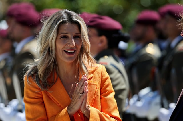 Spanish Labour Minister Yolanda Diaz gestures at an event in Madrid, Spain, June 13, 2024. REUTERS/Violeta Santos Moura/File Photo