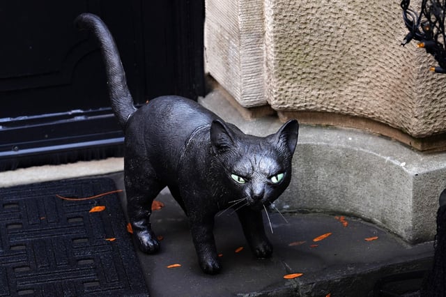 A black cat is part of a Halloween display in front of an Upper East Side home on Oct. 30, 2020, in New York City.