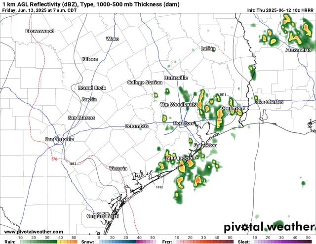 The High-Resolution Rapid Refresh model expects scattered downpours across Southeast Texas at 7 a.m. Friday. While rain may not be as widespread as it was Thursday, slower commute times are still likely.
