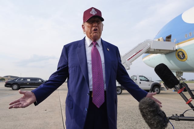 President Donald Trump speaks to reporters after arriving on Air Force One, Tuesday, June 10, 2025, at Joint Base Andrews, Md.