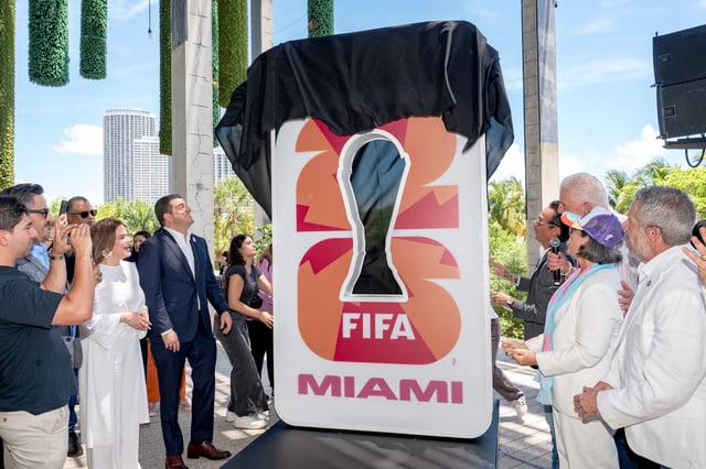 Beau Ferrari and Marc Anthony unveil the FIFA World Cup Miami Countdown Clock during the FIFA World Cup One Year Out Celebration at Perez Art Museum Miami on June 11, 2025 in Miami, Florida.