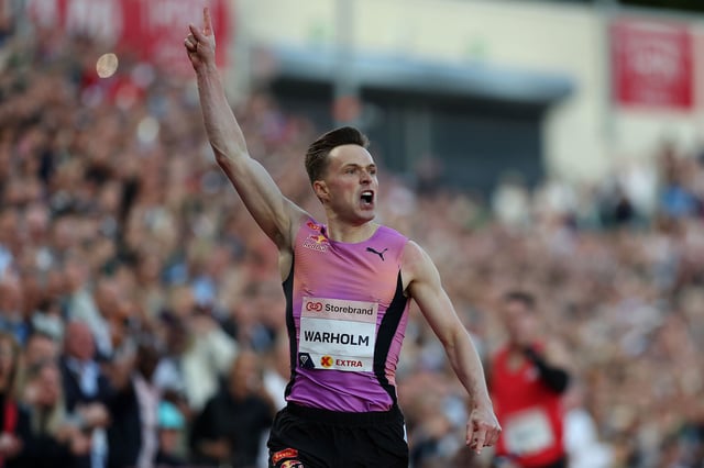 Karsten Warholm wins the 300m Hurdles Men race in a New World Record time of 32:67 during the Bislett Games, part of the 2025 Diamond League in Oslo, Norway, on June 12, 2025.