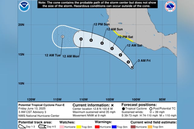This map from the NHC shows the predicted path for Potential Tropical Cyclone Four-E, which is soon expected to strengthen into Tropical Storm Dalila.