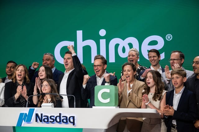 Chime executives, along with family, celebrating the company&#39;s IPO at the Nasdaq.
