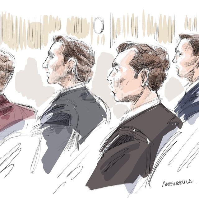 Michael McLeod, Carter Hart, Alex Formenton, Dillon Dubé and Callan Foote are shown in a courtroom sketch. The five former world junior hockey players have been accused of sexual assault, and all have pleaded not guilty.