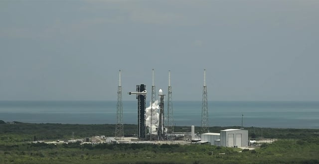 A SpaceX Falcon 9 sits on the pad at Cape Canaveral Space Force Station&#39;s Space Launch Complex 40 on Friday, May 30, 2025 ahead of a launch of a GPS satellite on a national security mission. (Courtesy/SpaceX)