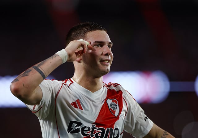 Soccer Football - Copa Libertadores - Group Stage - River Plate v Independiente del Valle - Estadio Mas Monumental, Buenos Aires, Argentina - May 15, 2025 River Plate's Franco Mastantuono celebrates scoring their third goal REUTERS/Agustin Marcarian/File Photo