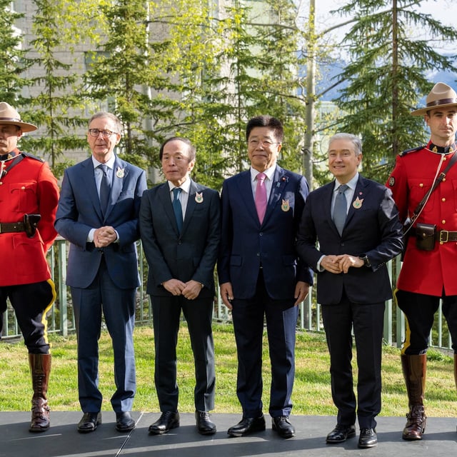 At a finance-focused G7 meeting in Banff ahead of this month’s G7 Leaders Summit, attendees included, from left: Bank of Canada Governor Tiff Macklem, Bank of Japan Governor Kazuo Ueda, Japanese Minister of Finance Katsunobu Kato and Canadian Finance Minister Francois-Philippe Champagne.