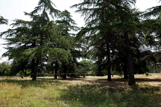 A security cordon separates the crime scene from public access inside Villa Pamphili park where an American woman and her newborn child were found dead on June 7, in Rome, Italy  June 13, 2025. REUTERS/Remo Casilli