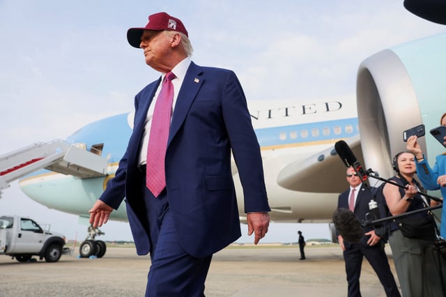 U.S. President Donald Trump walks away after speaking to the media upon arrival at Joint Base Andrews following a visit to North Carolina, in Maryland, U.S., June 10, 2025. REUTERS/Evelyn Hockstein