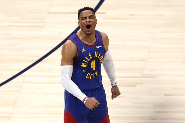 Russell Westbrook #4 of the Denver Nuggets reacts after dunking the ball against the LA Clippers during the fourth quarter in Game Seven of the Western Conference First Round NBA Playoffs. Westbrook will now hit free agency.