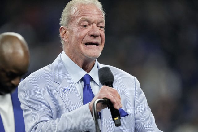 Oct 30, 2022; Indianapolis, Indiana, USA; Indianapolis Colts owner Jim Irsay speaks at a Ring of Honor induction ceremony for Tarik Glenn on Sunday, Oct. 30, 2022. Mandatory Credit: Max Gersh/IndyStar-USA TODAY Sports/File Photo