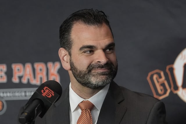 San Francisco Giants general manager Zack Minasian during a news conference in San Francisco, Thursday, Dec. 12, 2024. (AP Photo/Jeff Chiu)