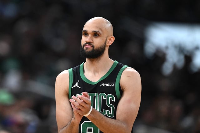 BOSTON, MASSACHUSETTS - MAY 14: Derrick White #9 of the Boston Celtics celebrates a basket against the New York Knicks during the third quarter in Game Five of the Eastern Conference Second Round NBA Playoffs at TD Garden on May 14, 2025 in Boston, Massachusetts