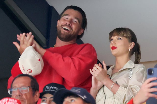Travis Kelce (L) and Taylor Swift (R) react as the Edmonton Oilers and the Florida Panthers play during the first period in Game 4 of the 2025 Stanley Cup Final at the Amerant Bank Arena on June 12, 2025 in Sunrise, Florida.