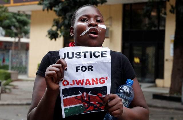A protestor reacts during a demonstration against the death of a blogger in police custody last week, in downtown Nairobi, Kenya June 12, 2025. REUTERS/Thomas Mukoya