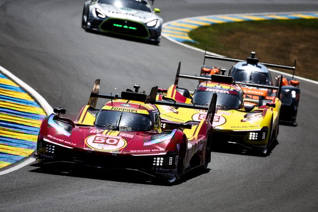 The #50 Ferrari AF Corse, Ferrari 499P of Antonio Fuoco, Miguel Molina, and Nicklas Nielsen in action during practice for the 24 Hours of Le Mans on June 11, 2025 in Le Mans, France.