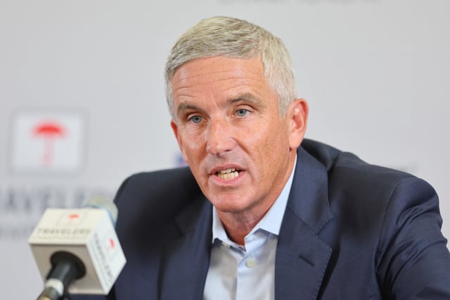 CROMWELL, CONNECTICUT - JUNE 22: PGA Tour Commissioner Jay Monahan addresses the media during a press conference prior to the Travelers Championship at TPC River Highlands on June 22, 2022 in Cromwell, Connecticut. (Photo by Michael Reaves/Getty Images)