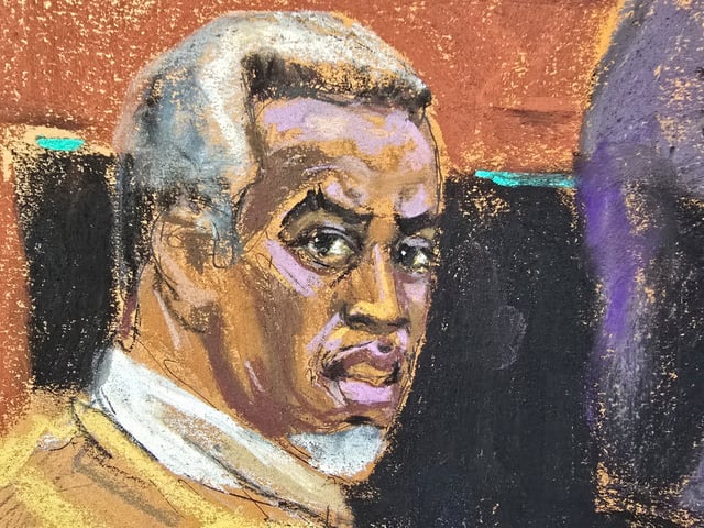 Sean "Diddy" Combs listens as lawyer Teny Geragos (not seen) cross-examines "Jane" during Combs' sex trafficking trial in New York City, New York, U.S., June 12, 2025 in this courtroom sketch. REUTERS/Jane Rosenberg     TPX IMAGES OF THE DAY