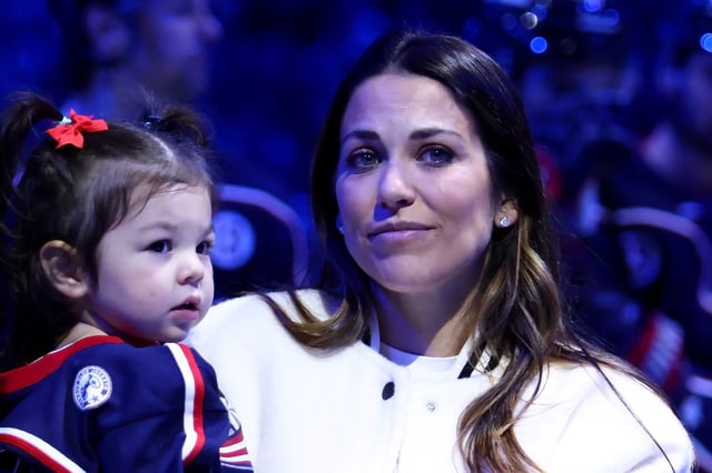 Meredith Gaudreau during a remembrance ceremony for her husband Johnny Gaudreau prior to the start of the game between the Columbus Blue Jackets and the Florida Panthers in Columbus, Ohio, on Oct. 15, 2024