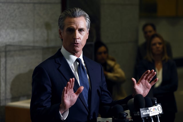 Gov. Gavin Newsom speaks after U.S. District Judge Charles Breyer granted an emergency temporary restraining order to stop President Trump&#39;s deployment of the California National Guard, Thursday, June 12, 2025, at the California State Supreme Court building in San Francisco.